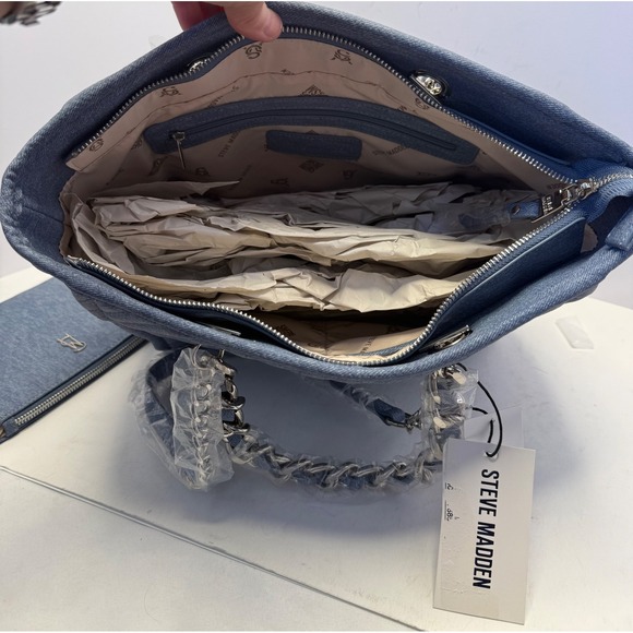 Steve Madden Bkattt-H Quilted Large Chain Tote Bag With Pouch Denim Blue - Picture 4 of 16